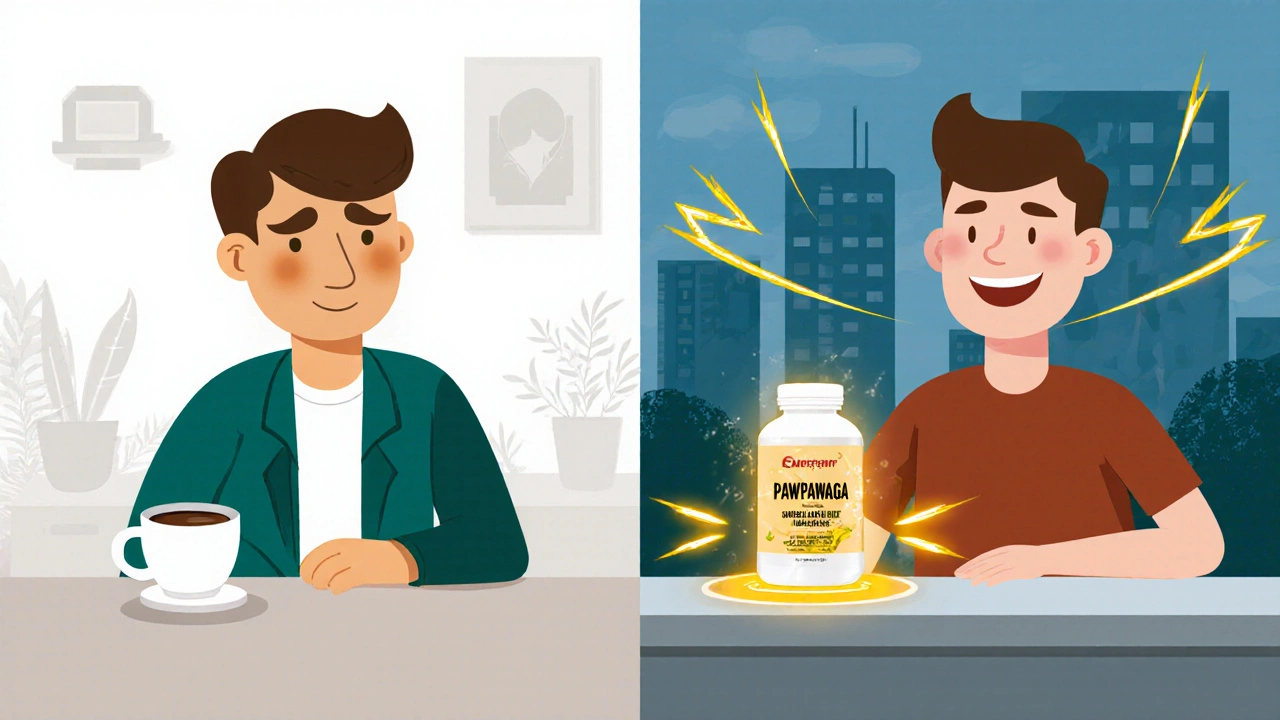 A person transformed from tired to energized with a pawpaw supplement bottle glowing with health benefits.