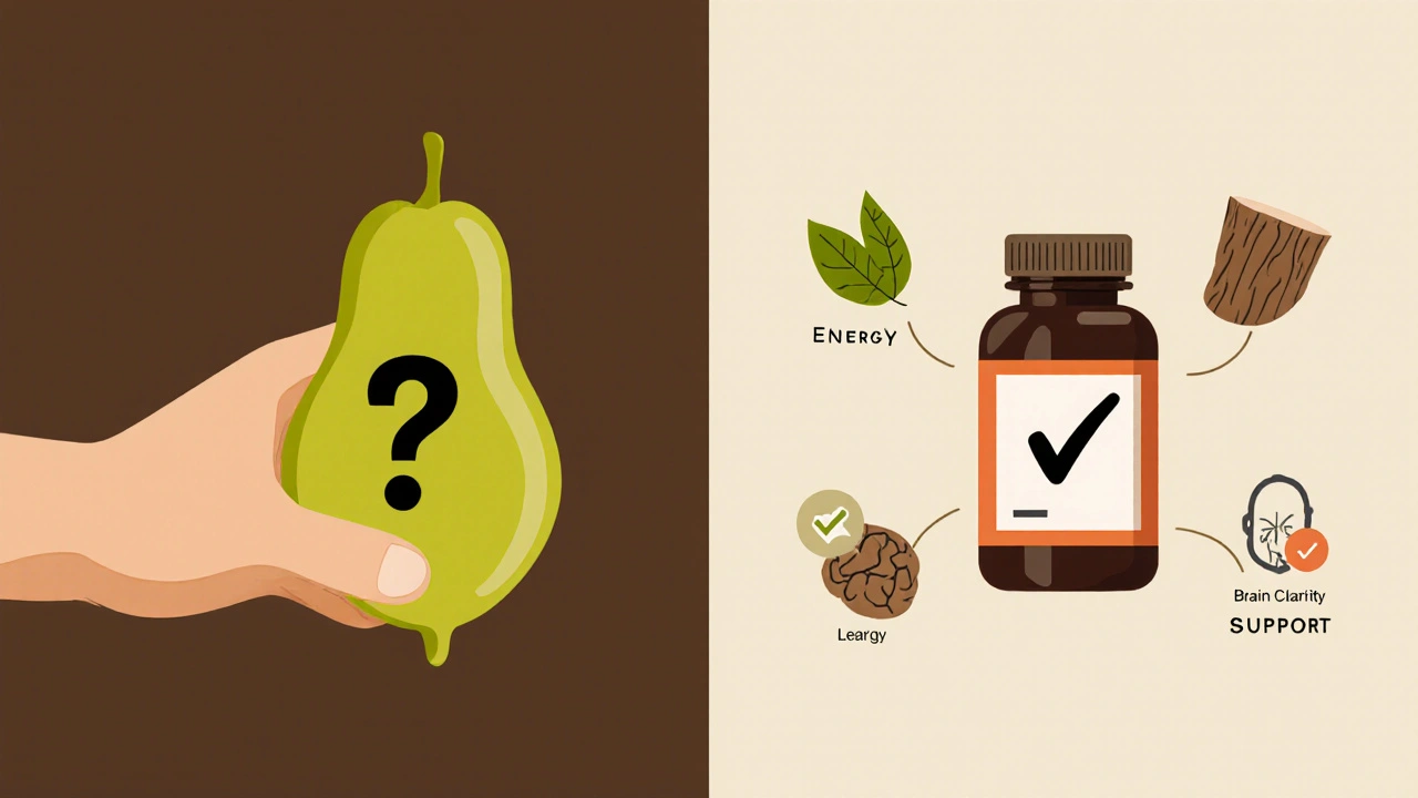 Comparison of pawpaw fruit versus supplement bottle with icons representing energy, focus, and immunity.