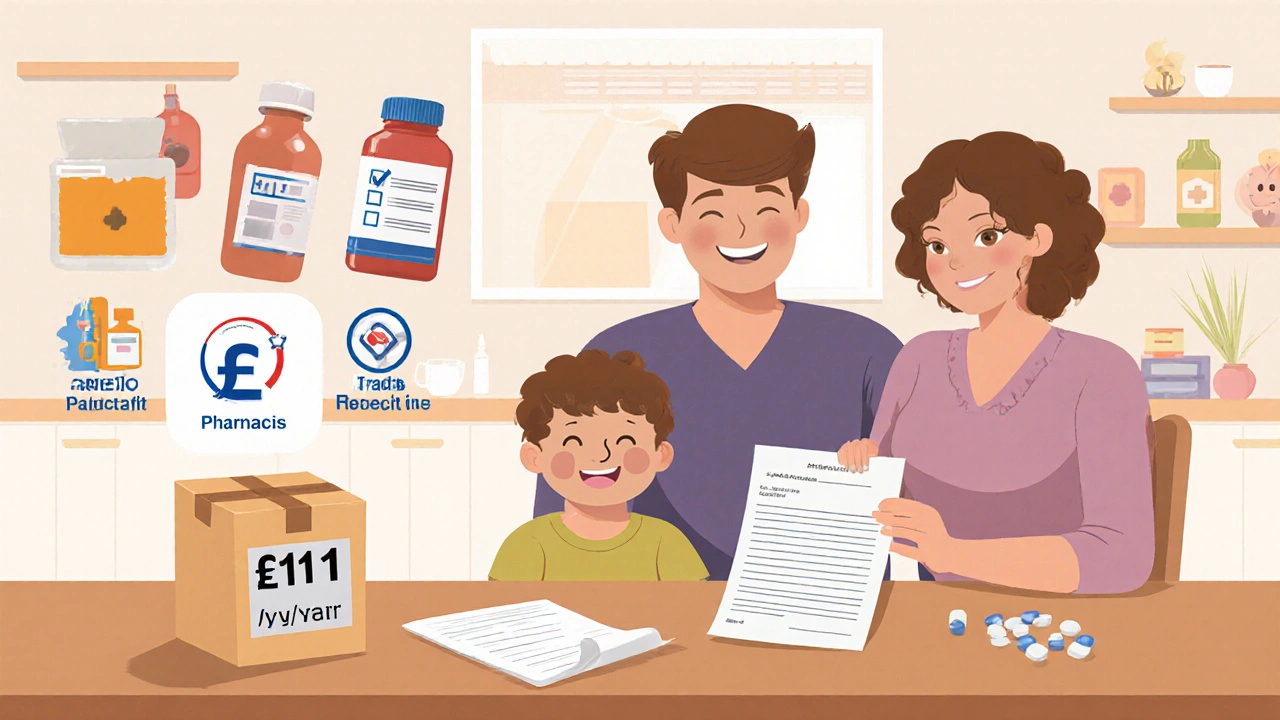 A family receives medication from a legitimate pharmacy with a cost-saving certificate on the table.