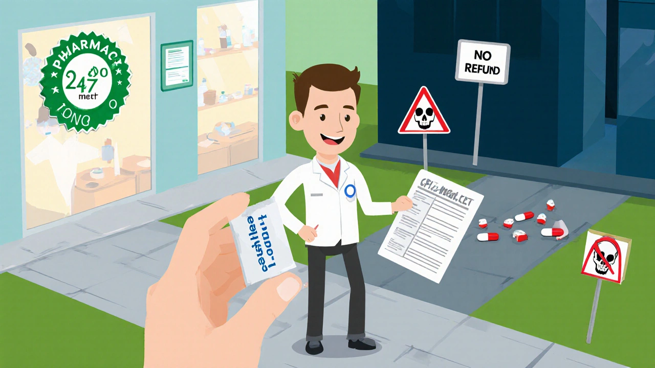 A person stands at a crossroads: one path leads to a safe pharmacy, the other to danger.