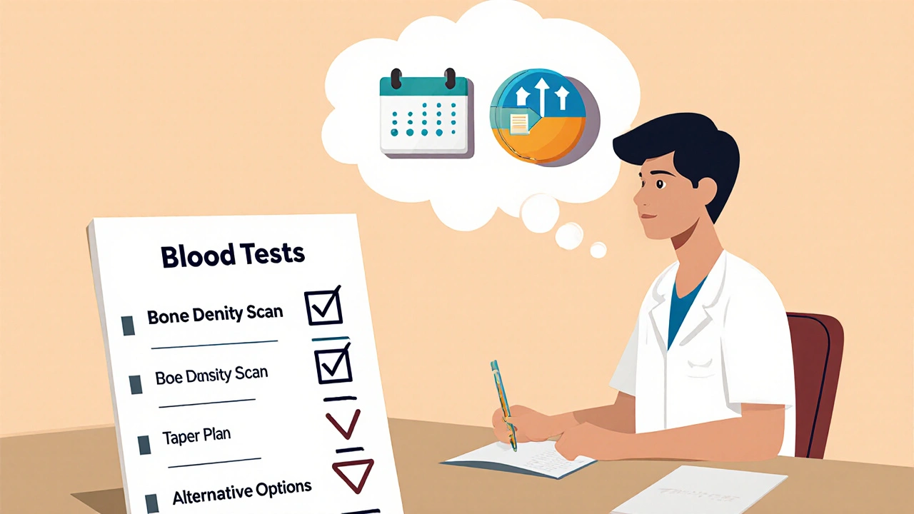 A doctor and patient reviewing a treatment plan with checklists and a tapering medication timeline.