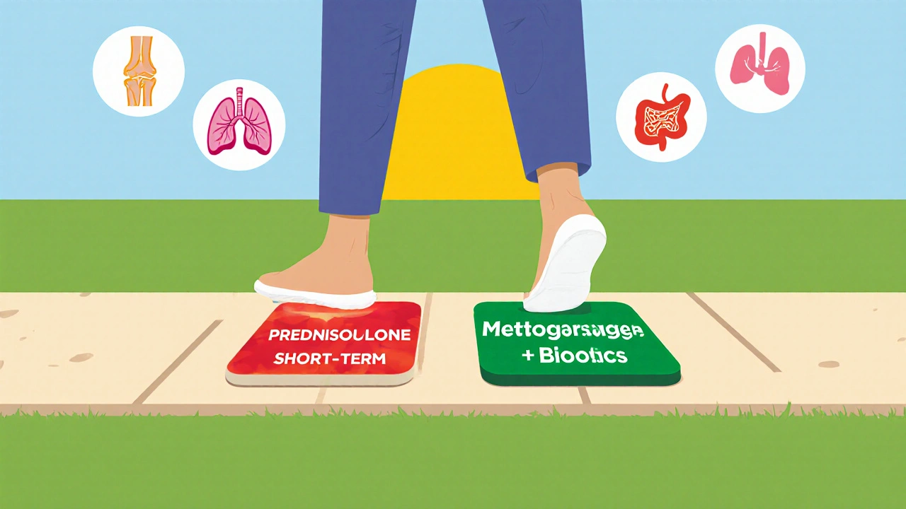 A patient walking from short-term steroid use toward long-term autoimmune treatment alternatives.