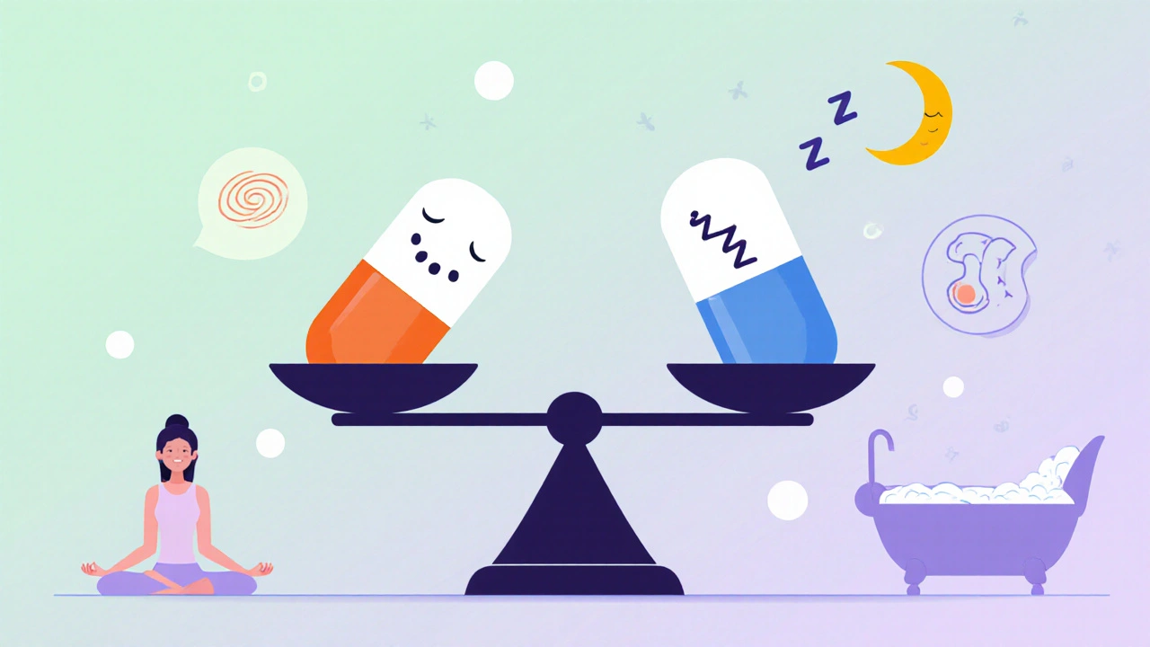 Balanced scale comparing celecoxib and acetaminophen for pain and sleep, with wellness icons.