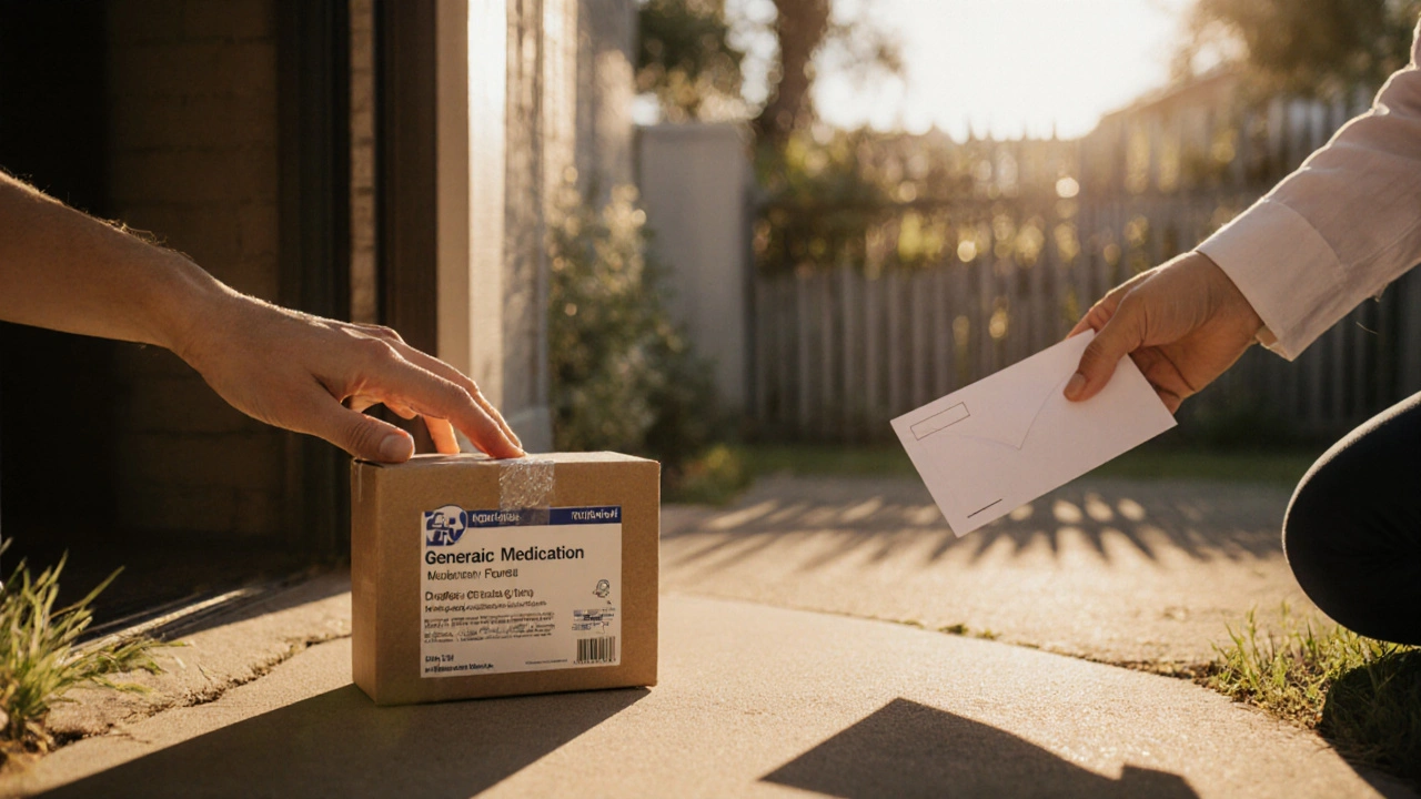 Box of medication on a doorstep with a hand picking it up at sunrise.