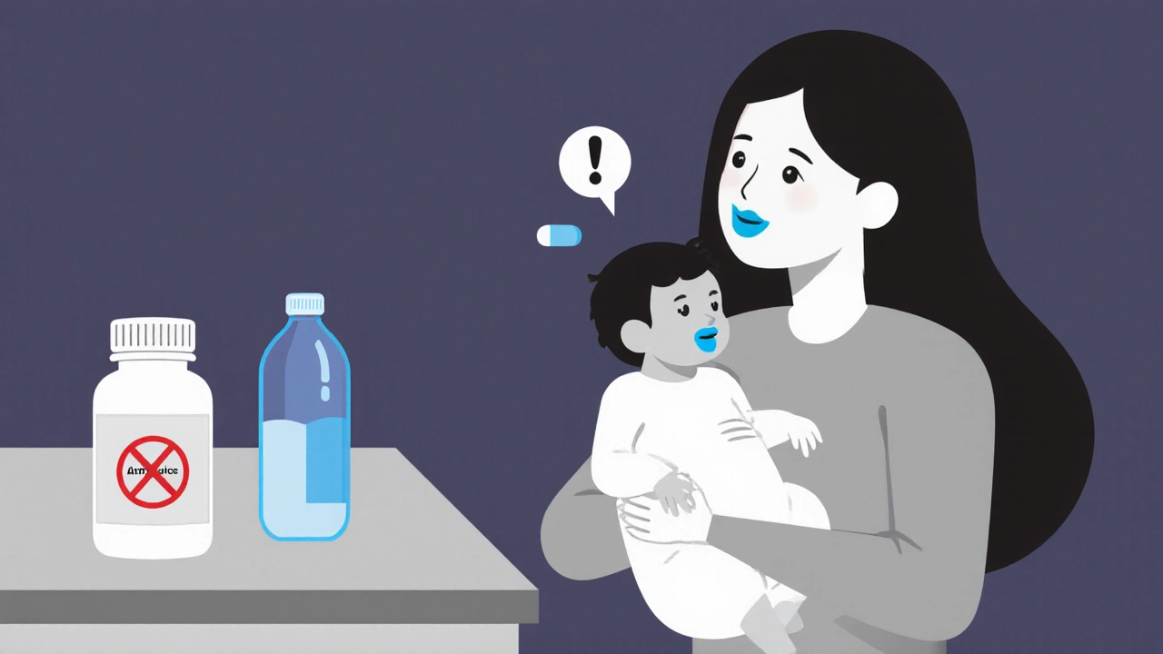 Breastfeeding mother with baby showing blue tint, phenazopyridine bottle marked unsafe