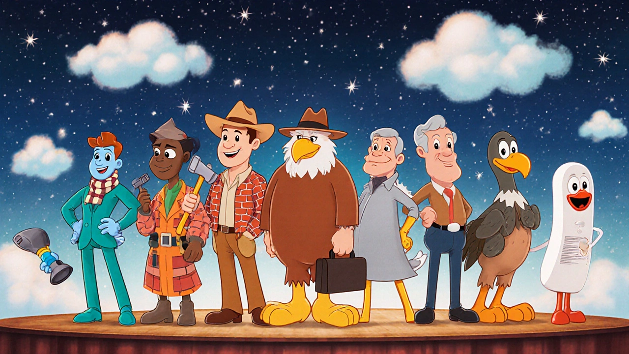 Cartoon antibiotics stand on a stage, each with distinct outfits showing their roles.