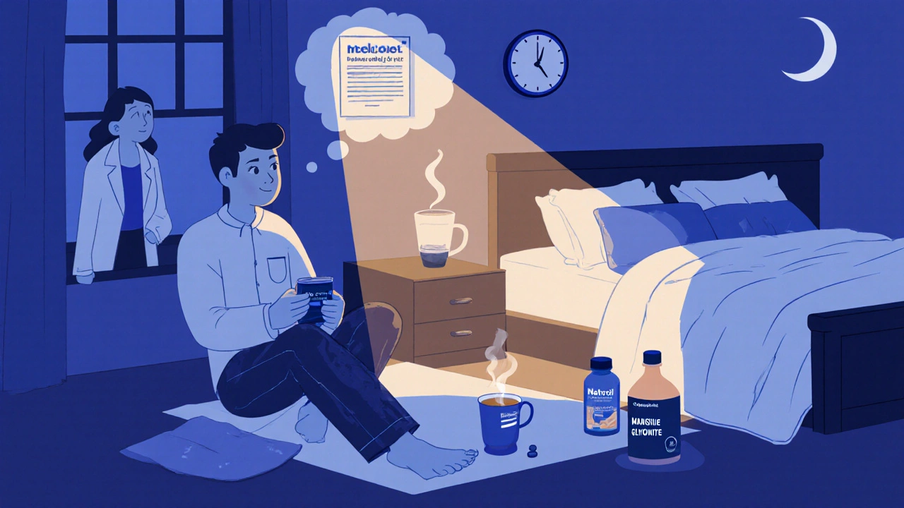 Cartoon bedroom scene with a person holding Meloset, a doctor thought bubble, and other sleep aids on a nightstand.