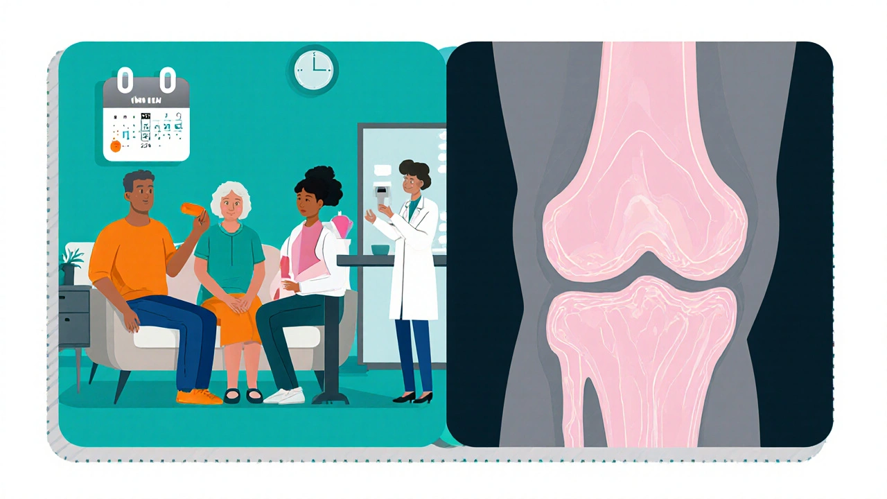 Cartoon split view of patients taking PPS pills and researchers reviewing improved knee MRI.