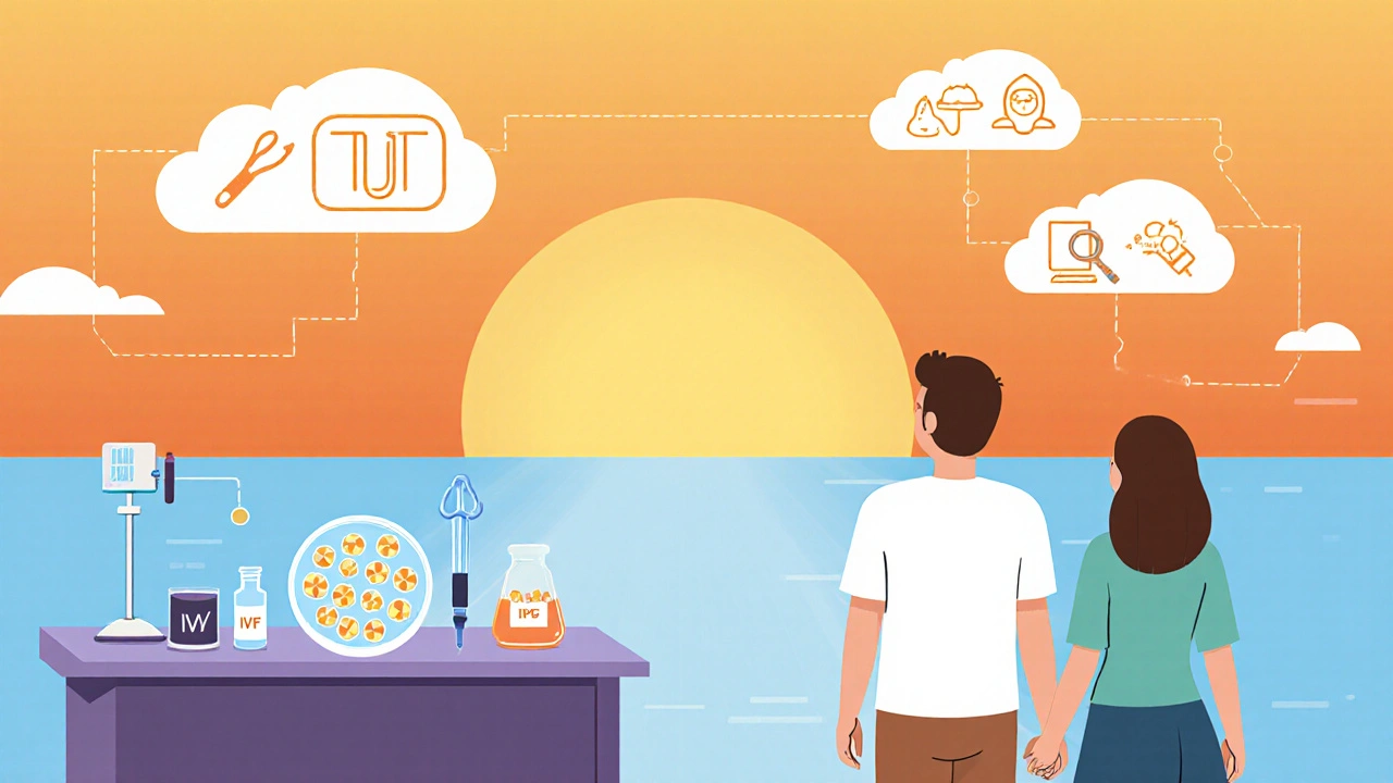 Couple looking toward IVF lab icons and sunrise, representing hopeful treatment options.