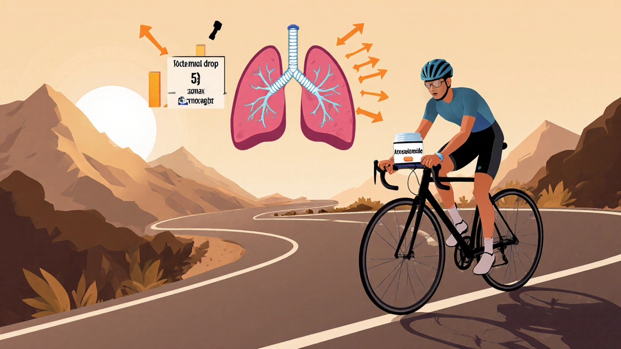 Cyclists at high altitude, one taking acetazolamide, showing ventilation and VO2 chart.