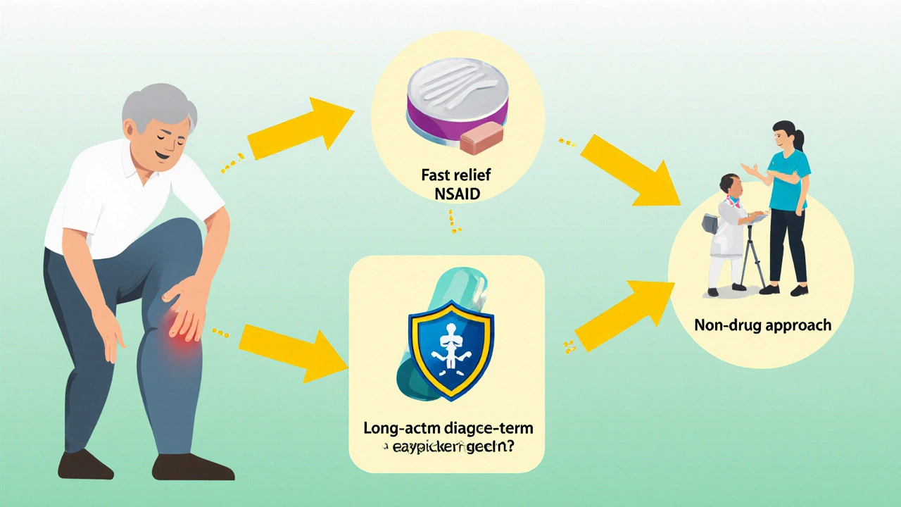 Decision tree with icons showing fast relief, cartilage health, and non‑drug approaches.