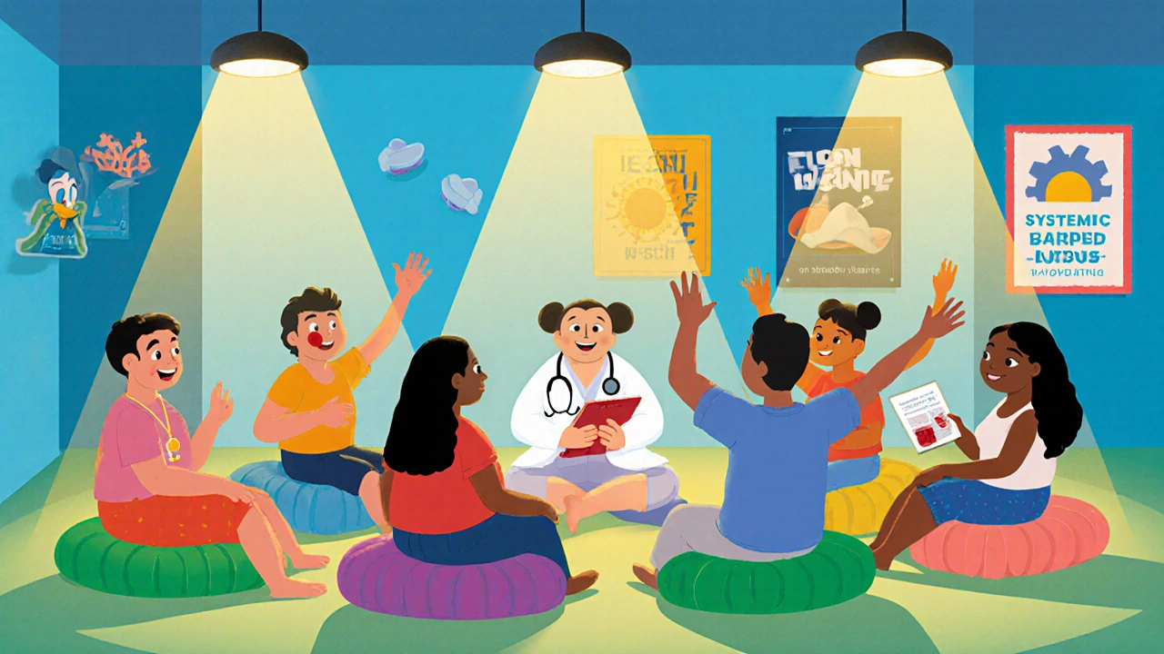 Diverse group shares tips, one with skin rash, another with stethoscope.