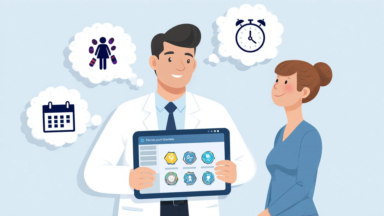 Doctor and patient discussing antibiotic options with thought bubbles.