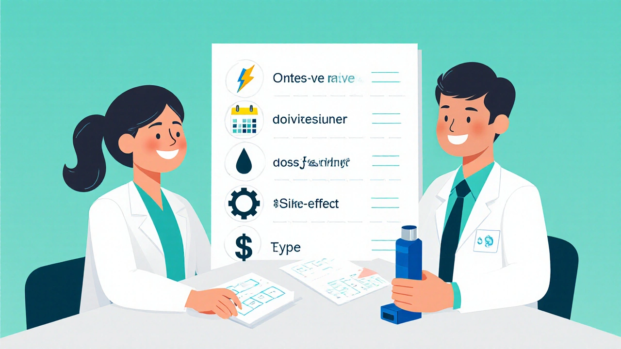 Doctor and patient reviewing a cartoon checklist of inhaler criteria with icons.