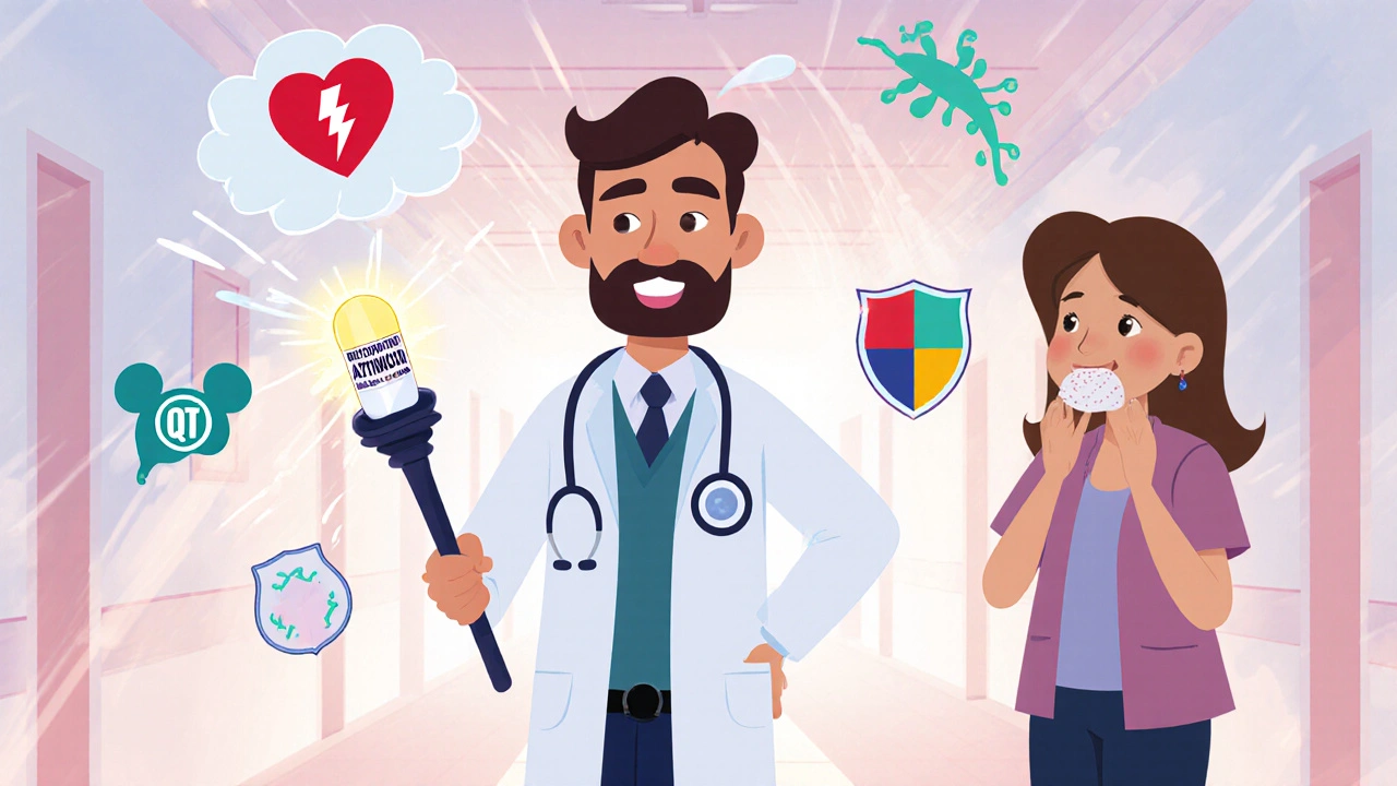 Doctor points a wand at a glowing azithromycin pill surrounded by health icons.