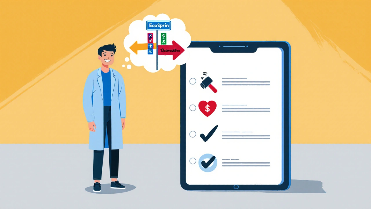 Flat cartoon of a doctor and patient reviewing a checklist of factors for choosing a medication.