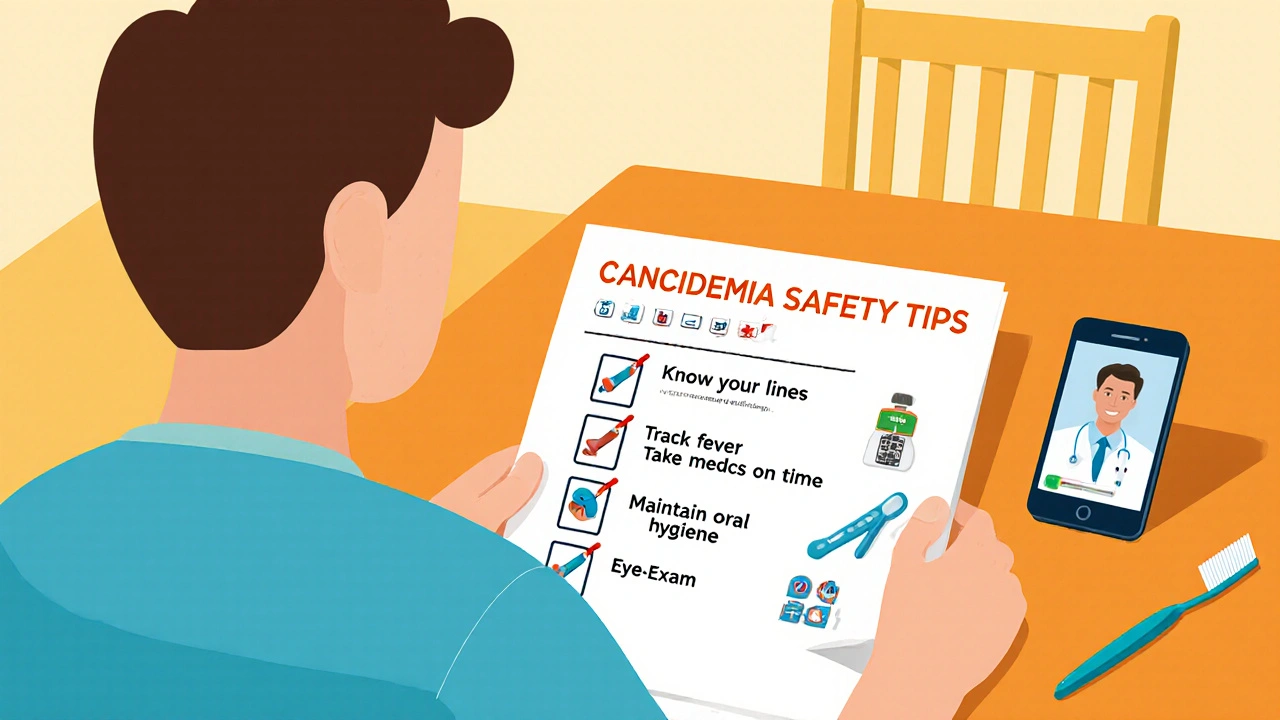 Flat cartoon of a patient reviewing a candidemia safety checklist with medication and eye exam icons.