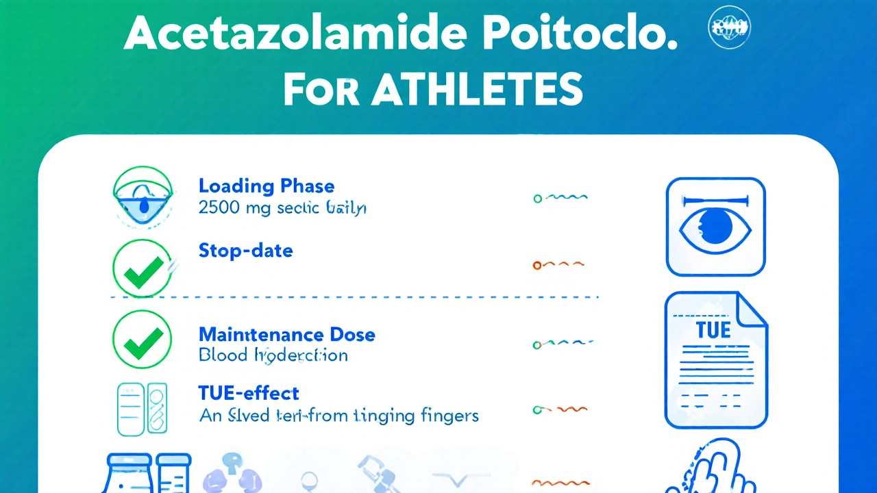 Flat‑design checklist of dosing, hydration, tests, and TUE for acetazolamide use.