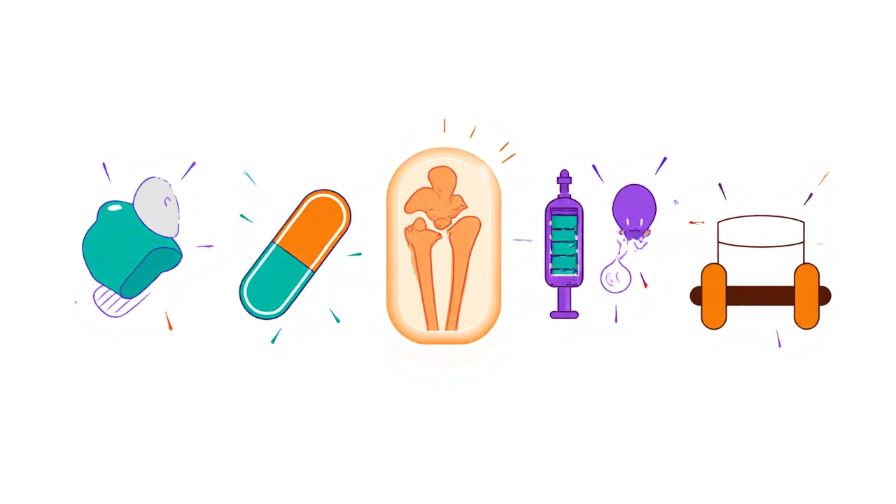 Flat icons of five osteoarthritis therapies surrounding a highlighted Diacerein capsule.