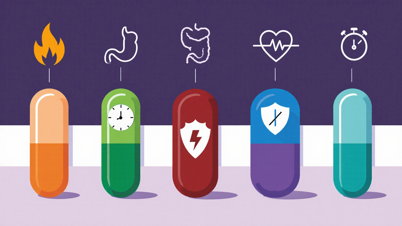 Flat icons of ibuprofen, naproxen, diclofenac, celecoxib, clopidogrel, and ticagrelor with symbols for stomach, heart, and duration.
