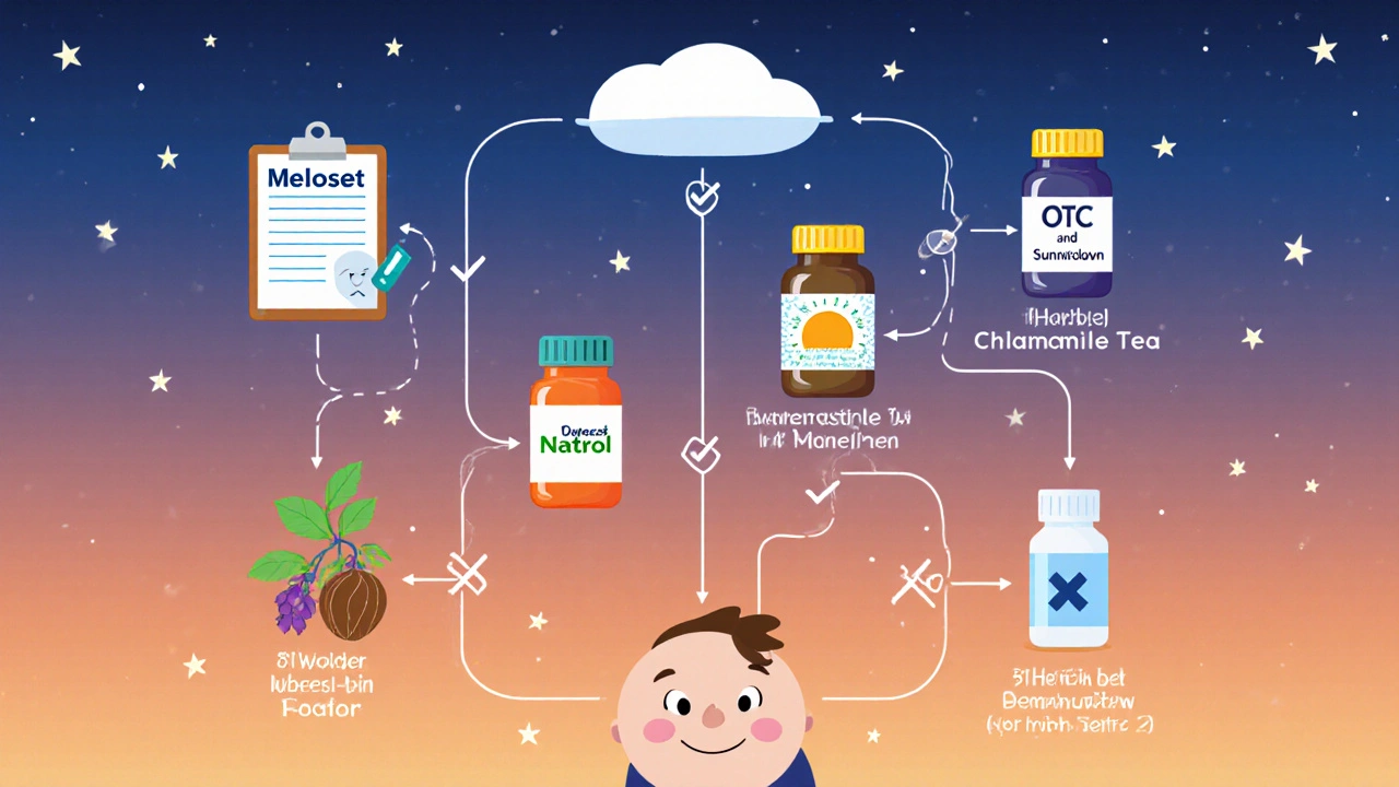 Flat illustration of a flowchart with a character choosing between prescription, OTC, herbal, and magnesium sleep aids.