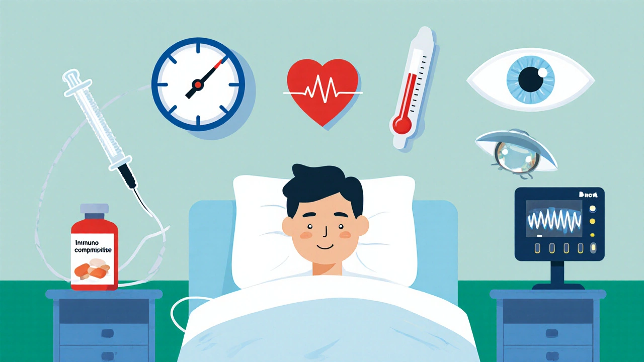 Flat illustration of a hospital patient surrounded by risk factor and symptom icons.