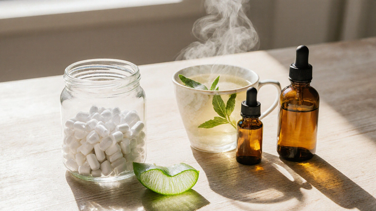 Flat lay of lysine capsules, lemon balm tea, tea tree oil bottle, and aloe vera leaf on wood.