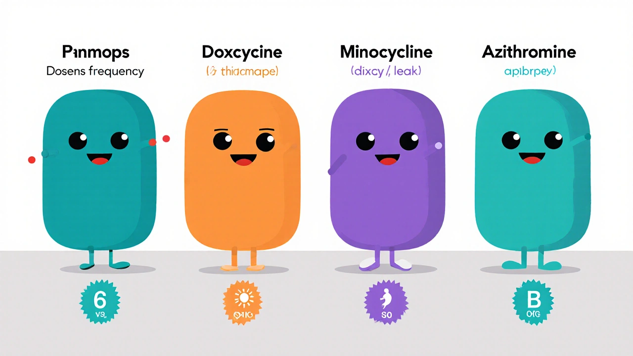 Four antibiotic characters with dosing, side effects, and pregnancy icons.