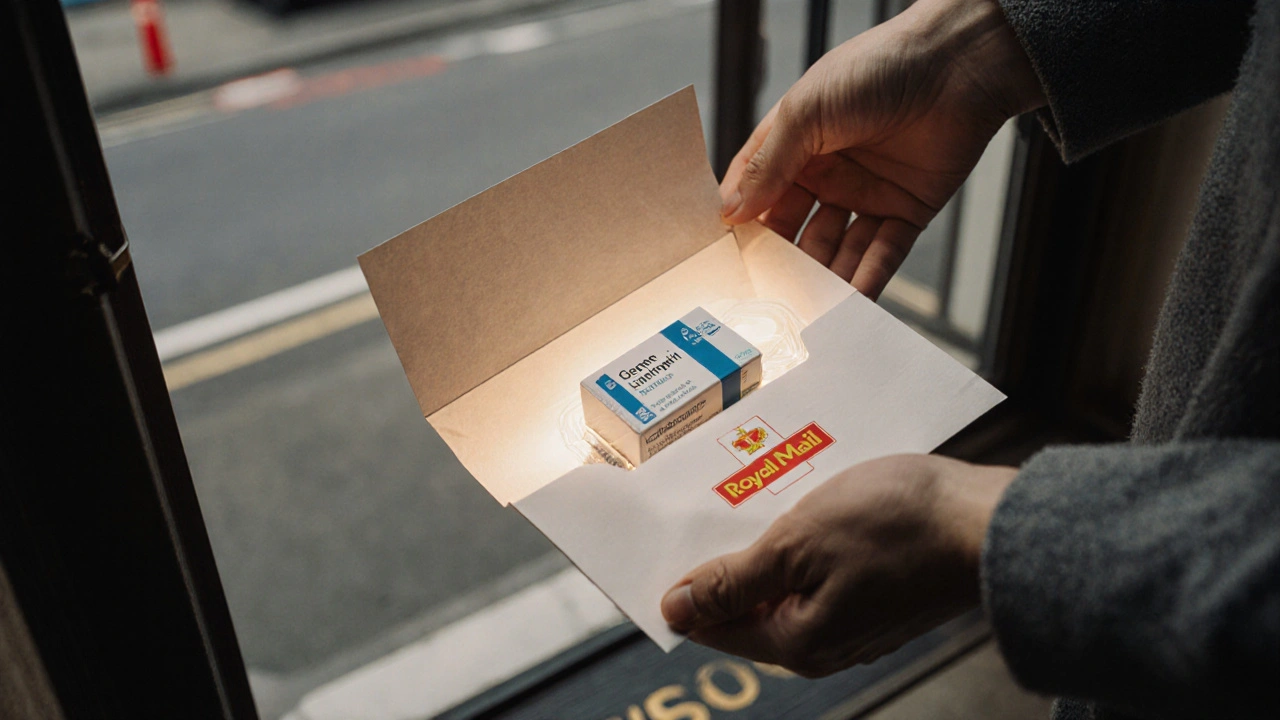 Hand receiving a parcel containing a box of generic lisinopril from a courier.