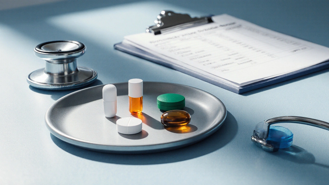 Hospital tray displaying assorted diuretic pills with medical equipment.