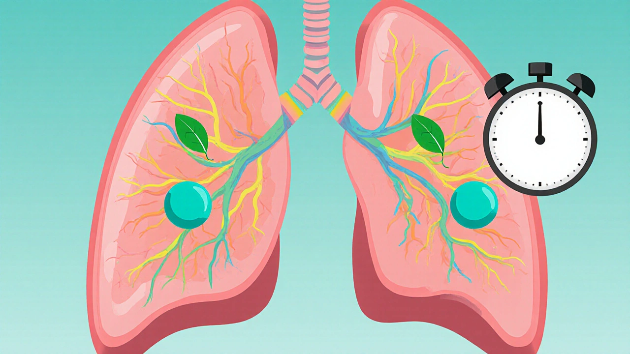 Illustrated lungs showing levosalbutamol molecules opening airways in a flat style.