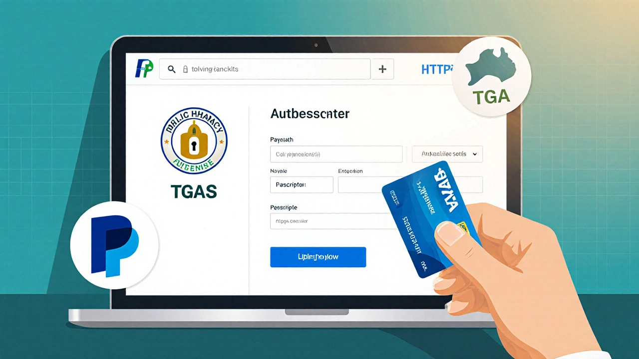 Laptop screen showing secure checkout with TGA licence badge and prescription upload option.