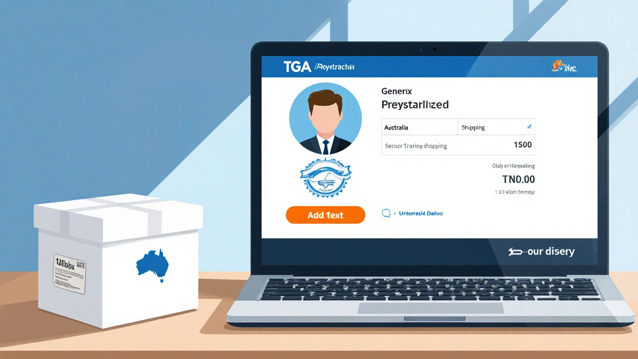 Laptop showing an online pharmacy checkout with a shipping box and pharmacist icon.