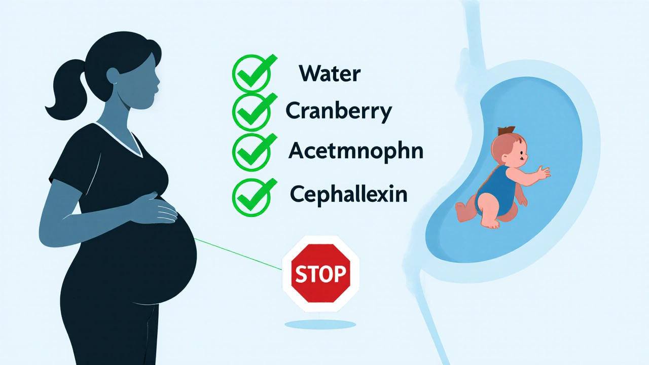 Medical chart with safe UTI treatments for pregnancy and a stop sign over phenazopyridine