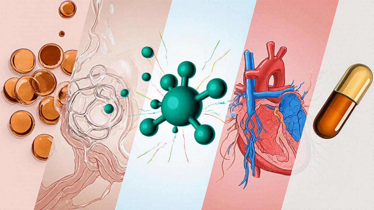 Medical illustration of five angina drugs with visual cues of their mechanisms beside a heart sketch.