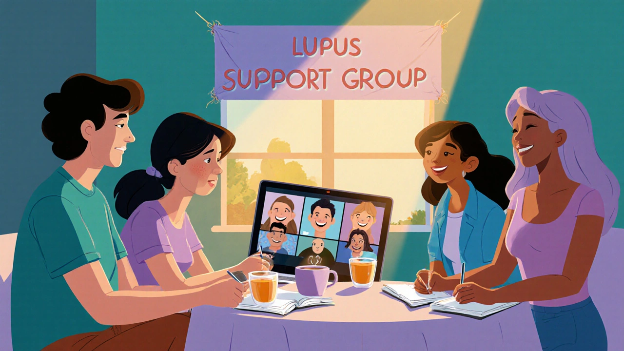 Mixed in‑person and virtual support group gathers around a table.