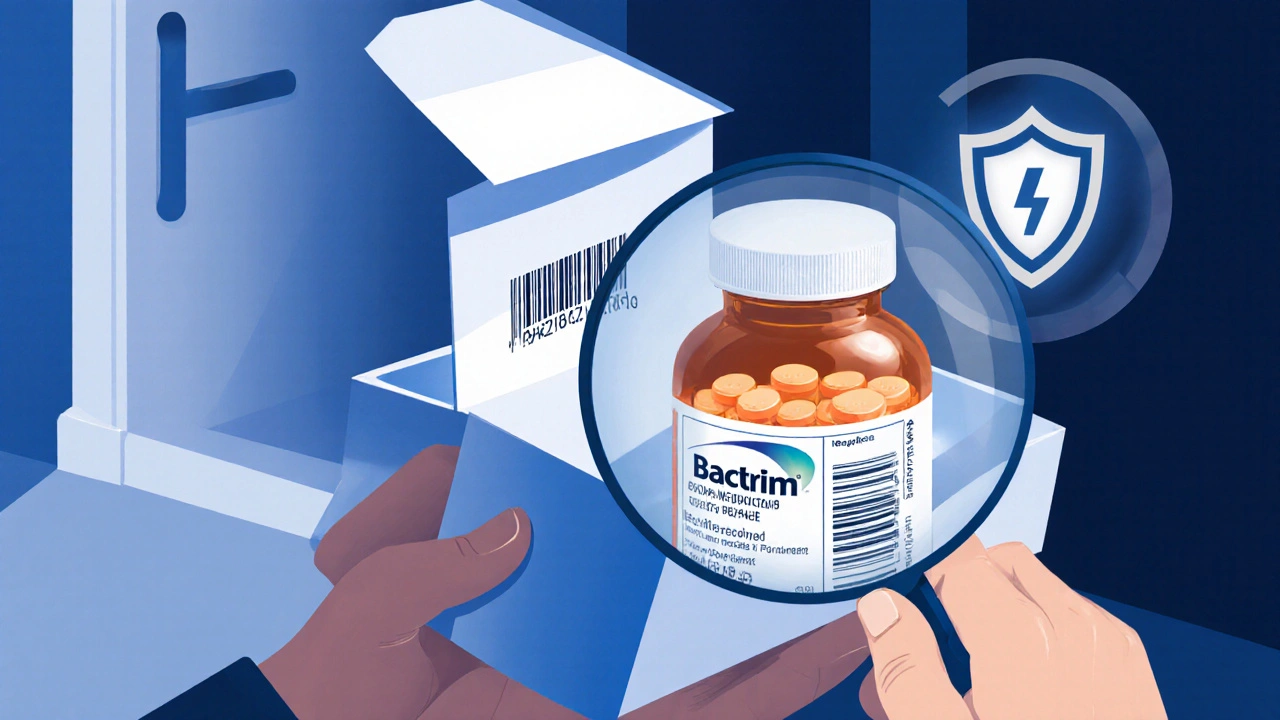 Opened parcel revealing Bactrim bottle with magnifying glass highlighting batch number and safety shield.