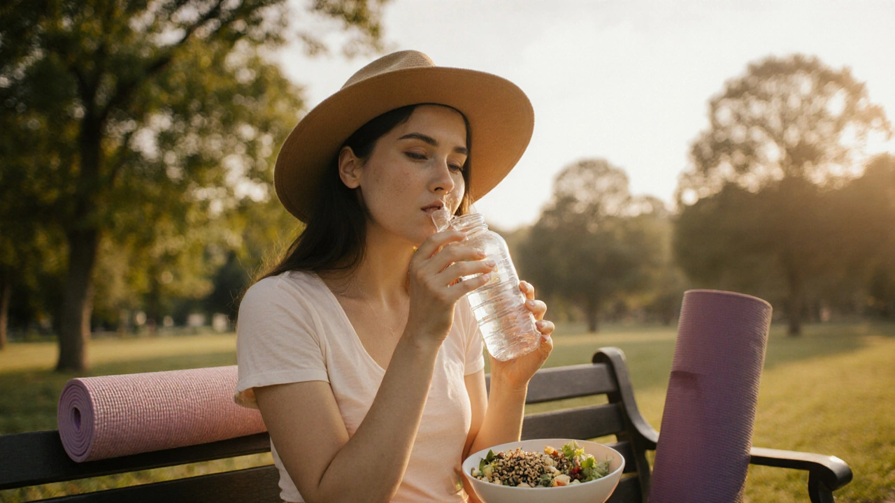 Outdoor scene of a person applying lip balm, drinking water, and relaxing on a park bench.