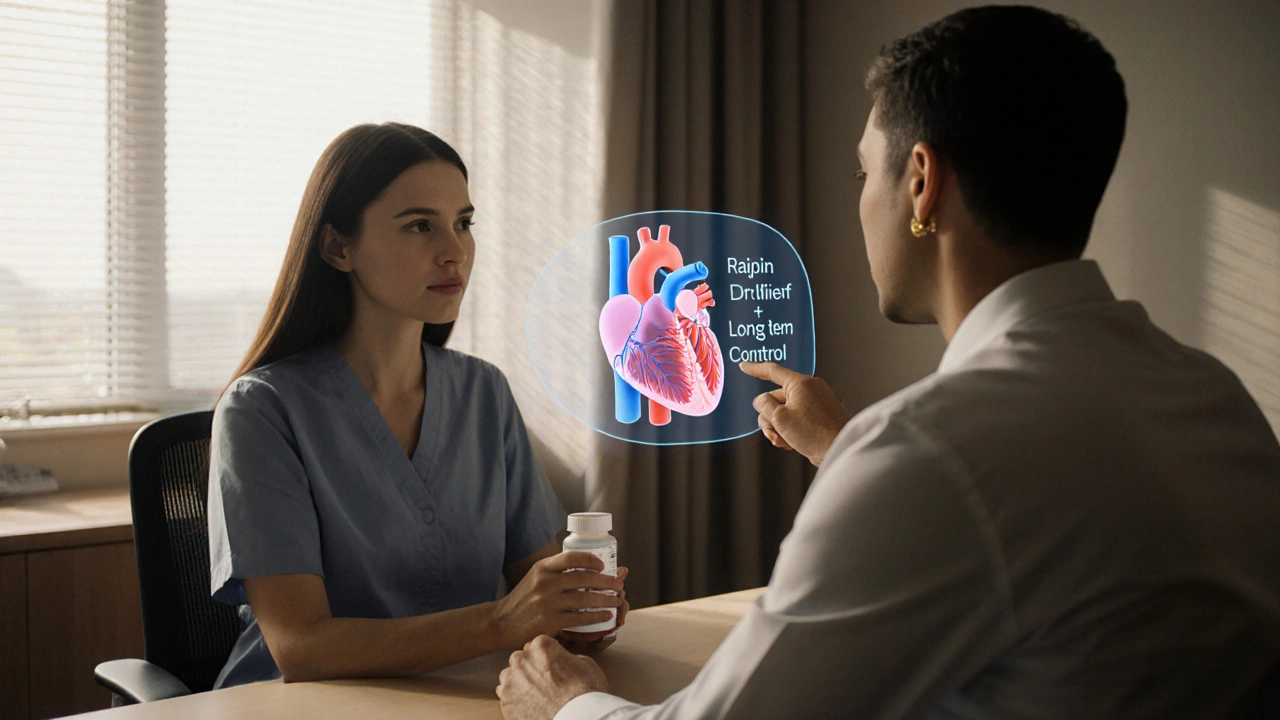 Patient and doctor discussing angina treatment, with a holographic heart display in a calm office.