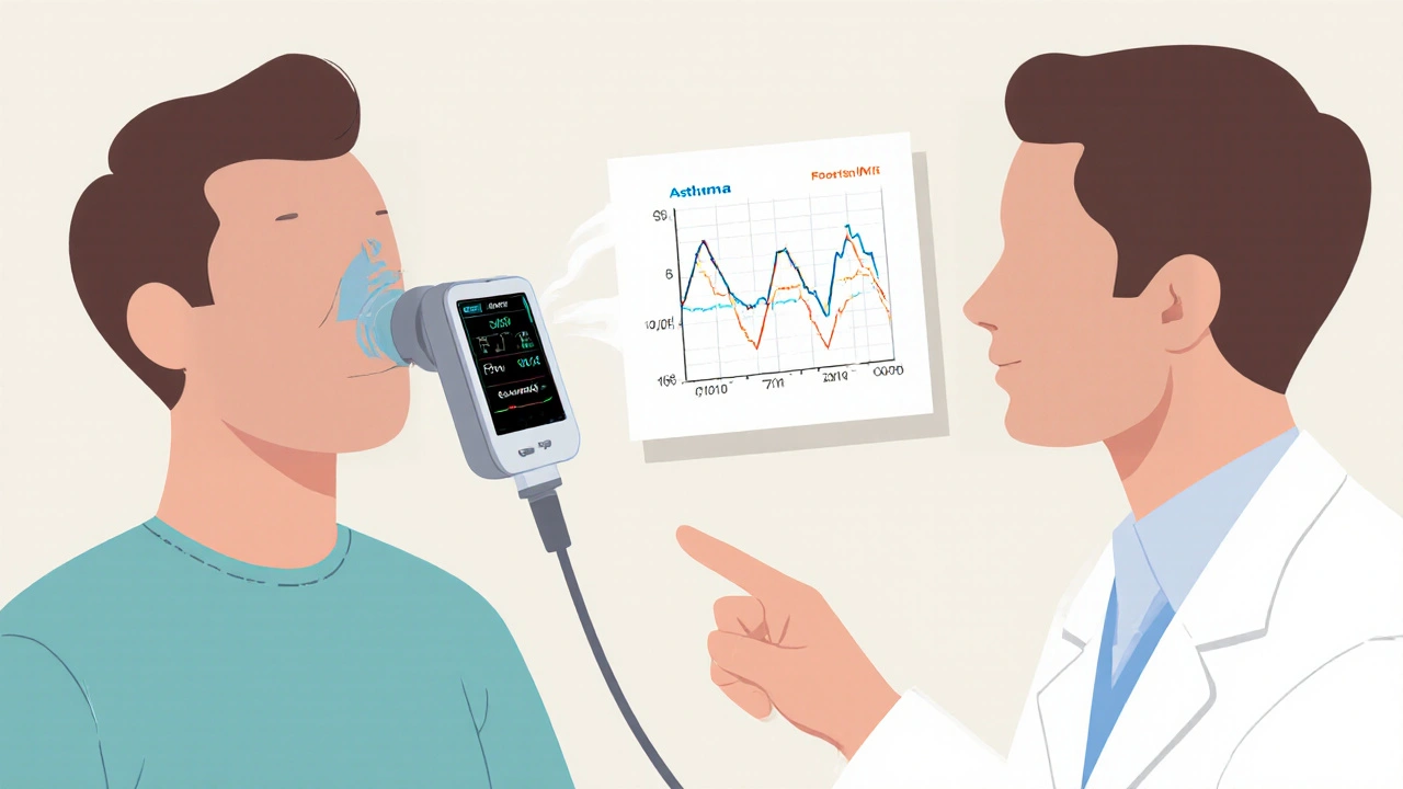 Patient performing spirometry while doctor reviews differing breath‑flow graphs.