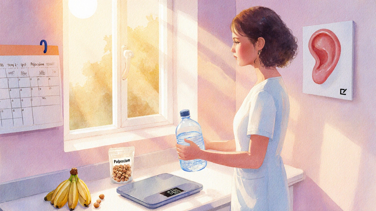Patient weighing themselves in morning, holding water bottle and potassium foods.