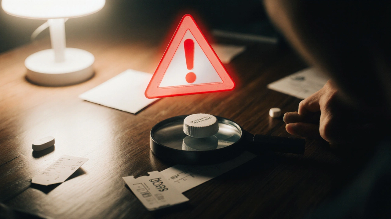 Person examining a tablet with a magnifying glass, highlighting a counterfeit warning.