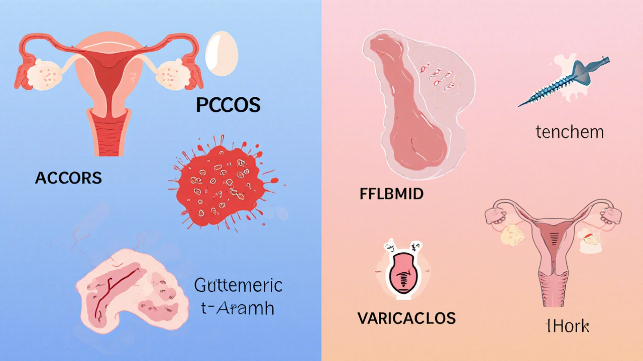 Split illustration showing female (ovary, cysts, inflamed tissue) and male (sperm, varicocele) infertility causes.