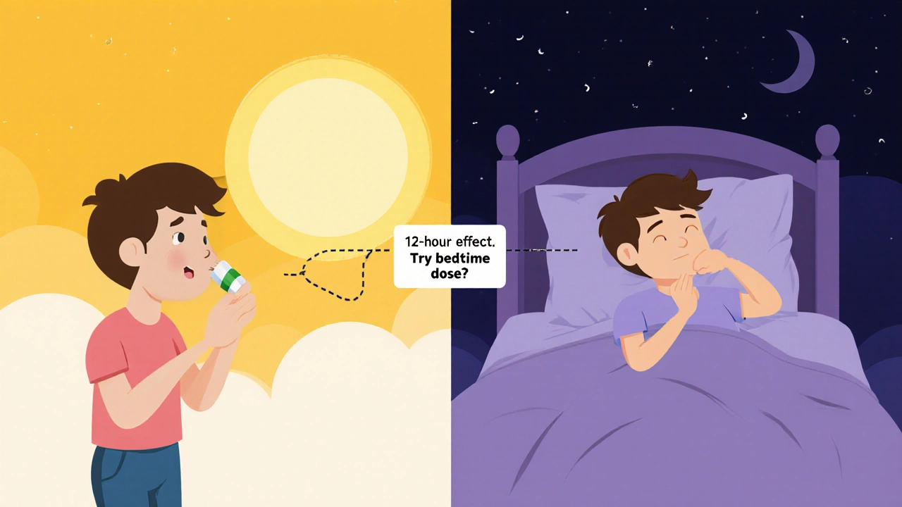 Split illustration showing morning and nighttime use of celecoxib with 12-hour effect line.