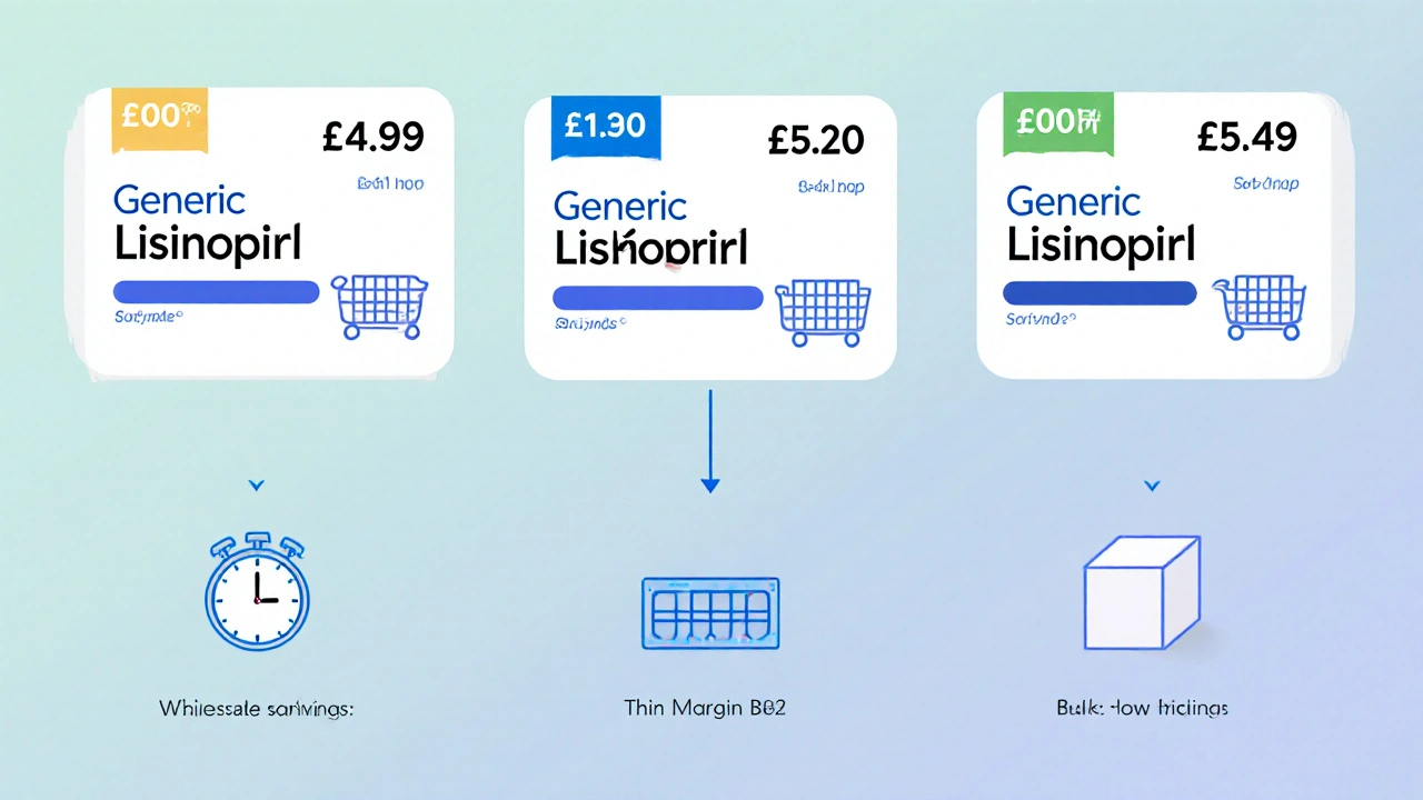 Three generic lisinopril blister packs displayed with price and delivery icons.