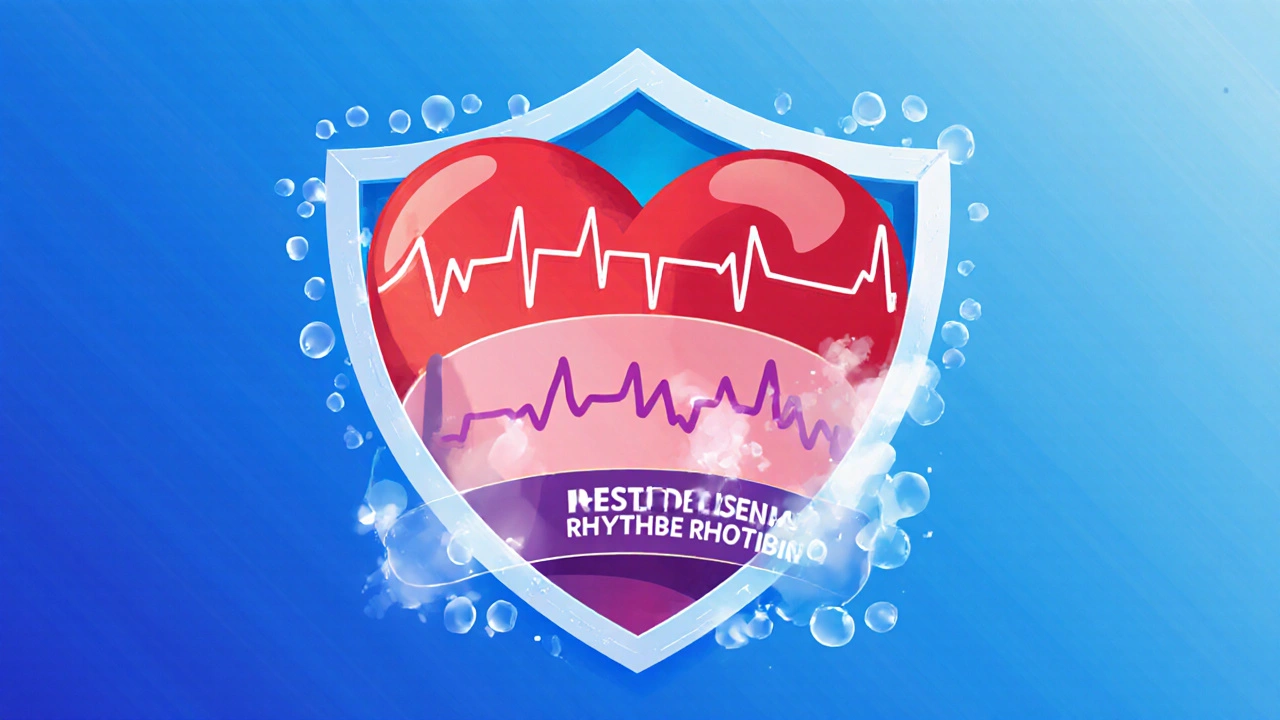 A heart shielded by blood thinners, normal rhythm, and stroke prevention, with dissolving clots around it.