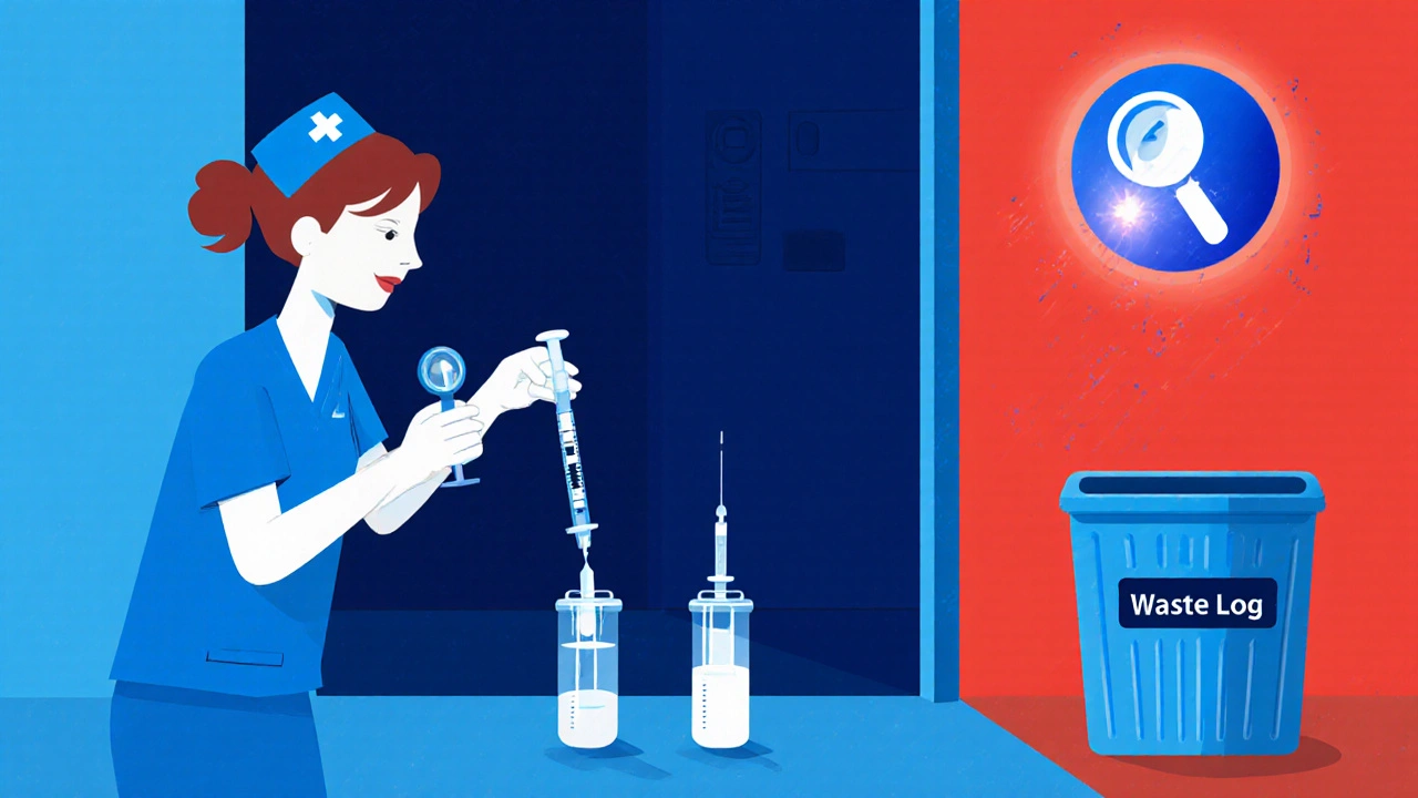 A nurse prepares a dose in a back room, with a saline syringe nearby and an AI detection icon highlighting the suspicious act.