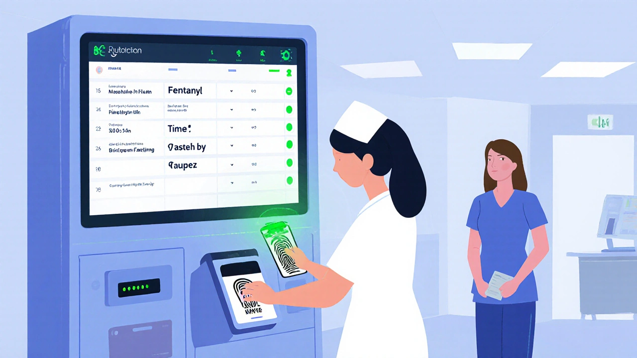 A nurse uses a biometric ADC to dispense medication, with a digital log showing the transaction details.