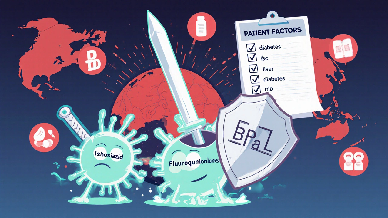 A TB bacterium under attack by three different drug therapies, with a global resistance map.