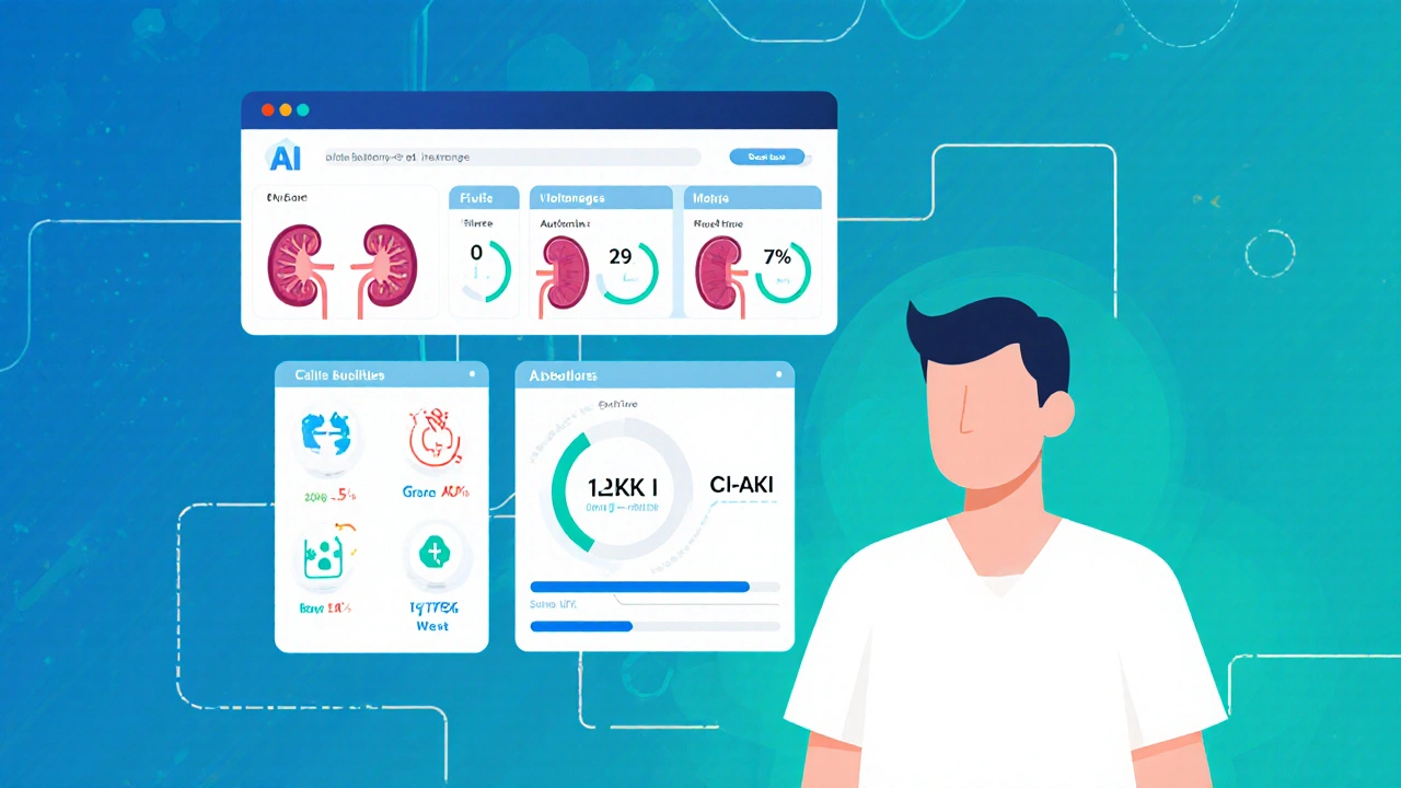 An AI dashboard monitoring kidney health in real time, adjusting fluid levels to reduce contrast-induced kidney injury risk.